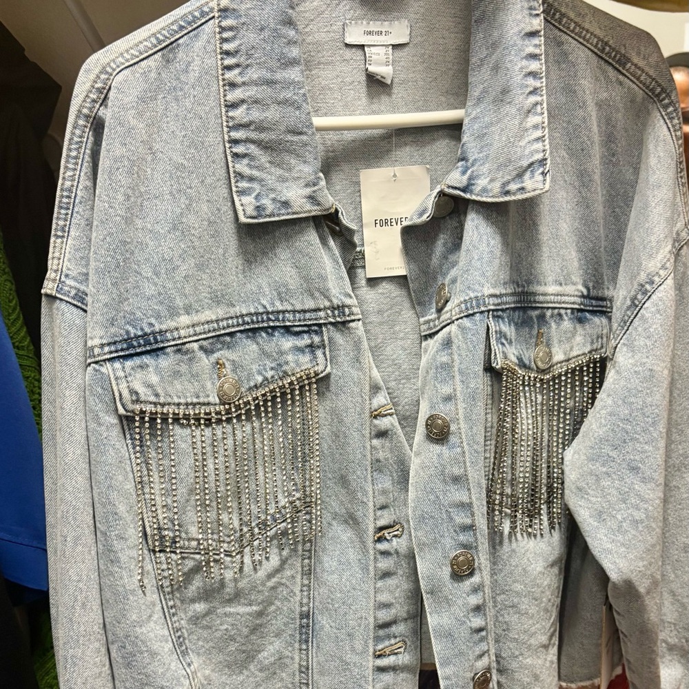 NWT Forever 21 Light Wash Denim Jacket with Crystal Bling Fringe (front & Back)